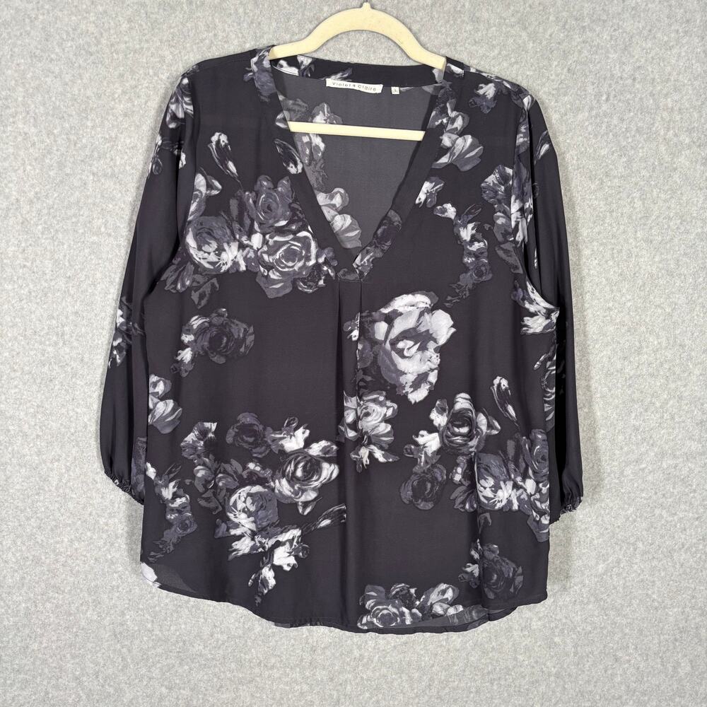 Violet Claire Top Large Charcoal Blouse Floral Sheer Flowy Puff Career Church